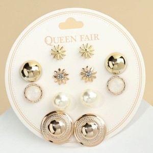 Пусеты 6 пар "Жемчужные" планеты и цветы, цвет белый, цвет золотистый