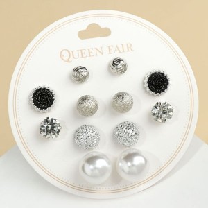 Пусеты 6 пар "Жемчужные" шары, цвет чёрно-белый, цвет серебристый