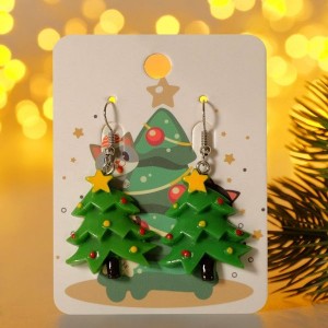 Серьги "Новогодние" ёлочка со звездой, цвет жёлто-зелёный, цвет серебристый