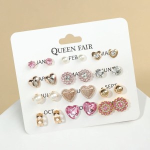 Пусеты 12 пар "Фантазия" сердца, бело-розовый, цвет золотистый