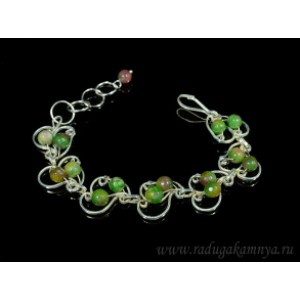 Браслет агат пати в посеребрении, цвет зеленый, 16см.