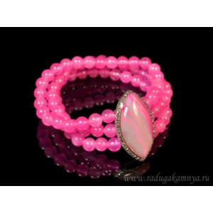 Браслет шарик 6мм в 3 нити из агата тонированного цвет фуксия