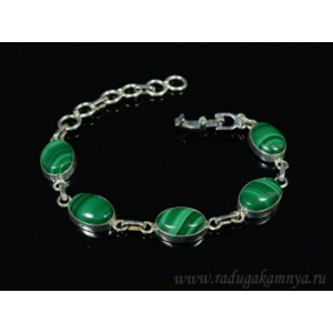Браслет с малахитом овал в посеребрении, 15см.