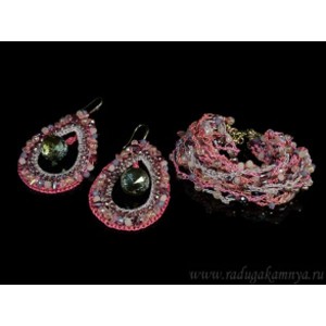 Браслет и Серьги ручной работы с цирконами цвет  розово-сиреневый, 19см