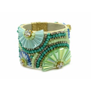 Браслет с цирконами на кожаной основе авторский, цвет морской волный, 20см