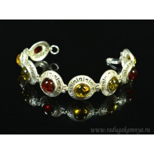 Браслет с янтарём в посеребрении "греческий" круг 18мм ассорти, 19см