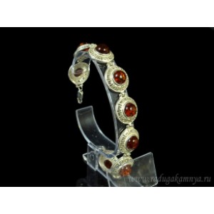 Браслет с янтарём в посеребрении "греческий" круг 18мм коньячный, 18,5см