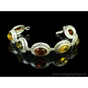 Браслет с янтарём в посеребрении "греческий" овал 18*30мм лимонный, зеленый, коньячный, 21см