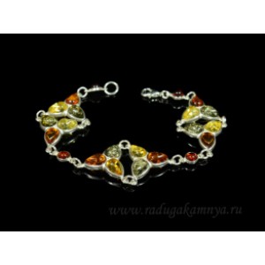 Браслет с янтарём в посеребрении "трилистник" ассорти, 20см
