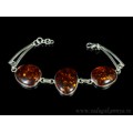 Браслет с янтарём в посеребрении 3 овала 22*25мм-30*25мм коньячный, 21см