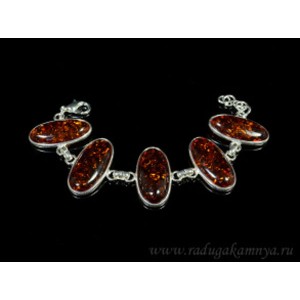 Браслет с янтарём в посеребрении 5 овалов 31*16мм коньячный, 19см.