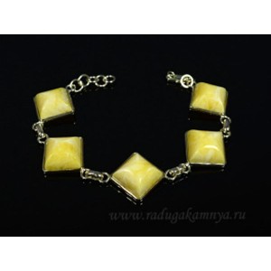 Браслет с янтарём в посеребрении 5 ромбиков 23мм молочный, 21см