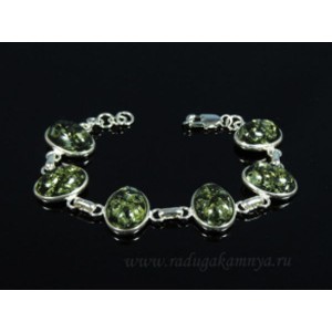 Браслет с янтарём в посеребрении 6 овалов 20*15мм зеленый, 21см