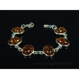 Браслет с янтарём в посеребрении 6 овалов 20*15мм коньячный, 21см