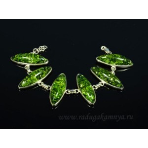 Браслет с янтарём в посеребрении 6 рисинок 40*14мм зеленый, 20см