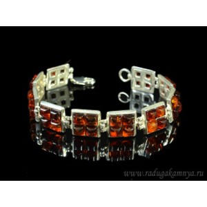 Браслет с янтарём в посеребрении квадрат 14мм коньячный, 18,5см