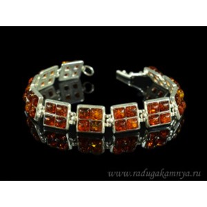 Браслет с янтарём в посеребрении квадрат 14мм коньячный, 20см