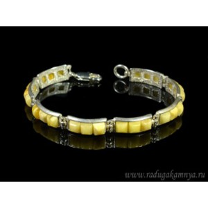 Браслет с янтарём в посеребрении квадратики 8*23мм молочный, 18,5см