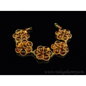 Браслет с янтарем и бисером "5 цветочков" св.коньячный, 23см.