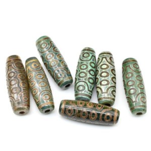 Бусина Дзи "Двадцать один глаз" из агата бочонок 10*30мм, цвет зеленый, 1 бусина