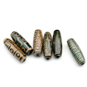 Бусины Дзи "Девять глаз" из агата бочонок 10*30мм, цвет зеленый, 1 бусина