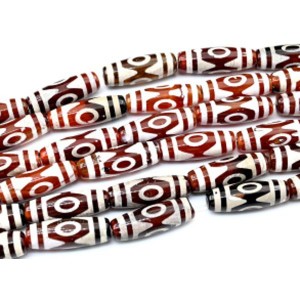 Бусины Дзи "Три глаза" из агата бочонок 10*30мм, цвет красно-белый, 29см, 10 бусин