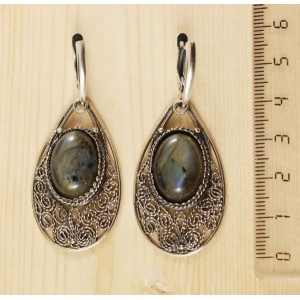 Серьги из лабрадорита (яркий эффект), филигрань, ручная работа, камень овал 18х13мм
