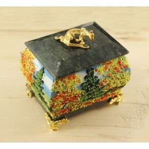 Шкатулка "Роспись ОСЕНЬ" змеевик,ножки и ящерка из бронзы 50*70*55мм