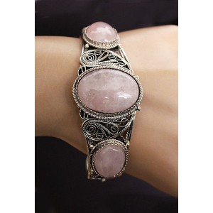 Браслет из розового кварца, филигрань, ручная работа, камень овал 25х18мм, овал 18х13мм