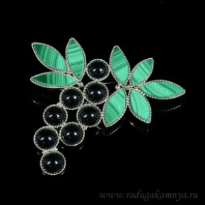Брошь малахит, агат "Гроздь" большая, 62*55мм.