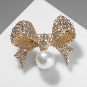 Брошь "Жемчужинка" классический бантик, цвет белый, цвет золотистый