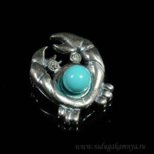 Брошь с майоркой " Краб " в мельхиоре, цвет голубой, 18*22мм.