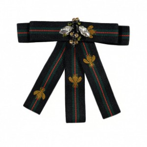 Брошь из текстиля с цирконами цвет  черно-зеленый