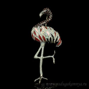 Брошь с цирконами и эмалью "Фламинго" 34*81мм цвет красный