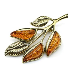 Брошь - булавка с янтарём в бронзе "Веточка" 33*59мм св.коньячный
