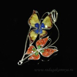 Кулон мозаика "Бабочки" 52*82мм, целестин, лазурит, гелиодор, гранат и цитрин
