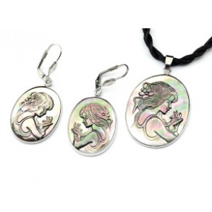 Камея из перламутра Кулон и серьги 30*40мм, 23*31мм цвет шоколадный, 50см