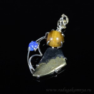 Кулон из тигрового глаза, пирита и лазурита, 30*41мм