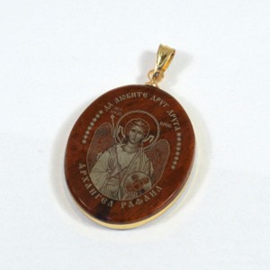 Кулон из обсидиана овал с окантовкой " Св. Рафаил " 20*30мм