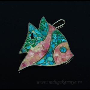 Кулон мозаика "Рыбка" из хризоколлы и турмалина, 47*61мм.