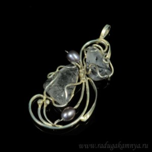 Кулон волосатик с жемчугом в посеребрении 28*60мм.