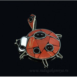 Кулон мозаика "Божья коровка" из яшмы, обсидиана и кахалонга, 45*60мм.