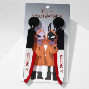 Серьги акрил "Хэллоуин" нож, цвет красно-белый в чёрном металле