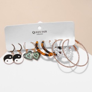 Серьги набор 5 пар "Леди" инь-ян, цветные, цвет золотистый