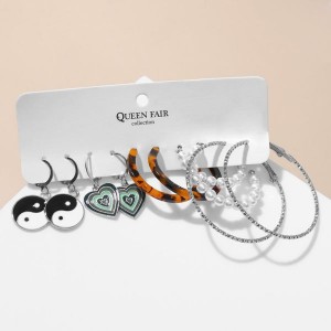 Серьги набор 5 пар "Леди" инь-ян, цветные, цвет серебристый