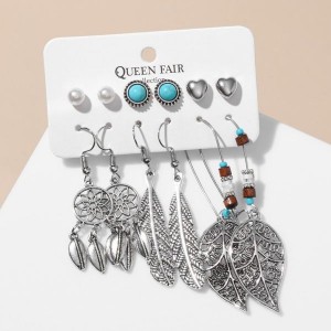 Серьги набор 6 пар "Хиппи" ловец снов, цветные, цвет серебристый