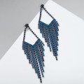 Серьги висячие со стразами "Водопад" каскад, цвет сине-морской, цвет серебристый