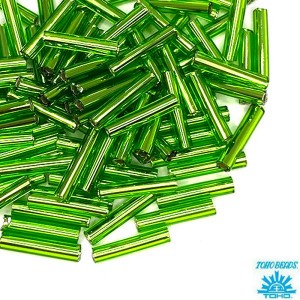 Стеклярус TOHO BUGLE 9 мм № 27 весенний зеленый серебристое отверстие  5 граммов Япония