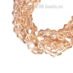Бусина хрустальная биконус 4 мм чайная роза прозрачный/перламутр, длина нити около 35 см/90 штук