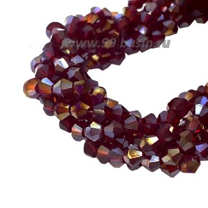 Бусина хрустальная биконус 4 мм, темно-рубиновый/бензин, длина нити около 36 см/95 штук
